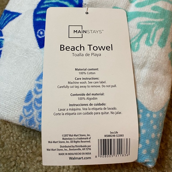 Mainstays 28 in x 60 in Sea Life Beach Towel 100% Cotton - Picture 4 of 4